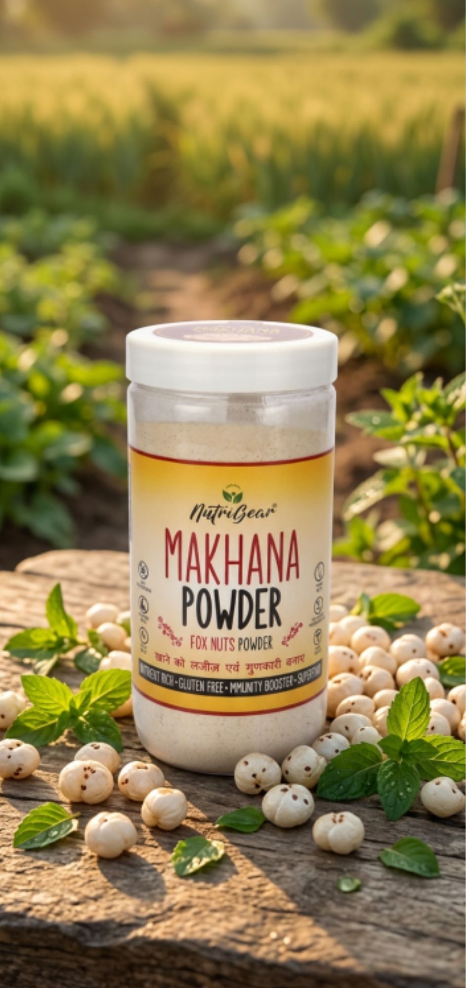 Jar of Makhana Powder with a natural background of greenery