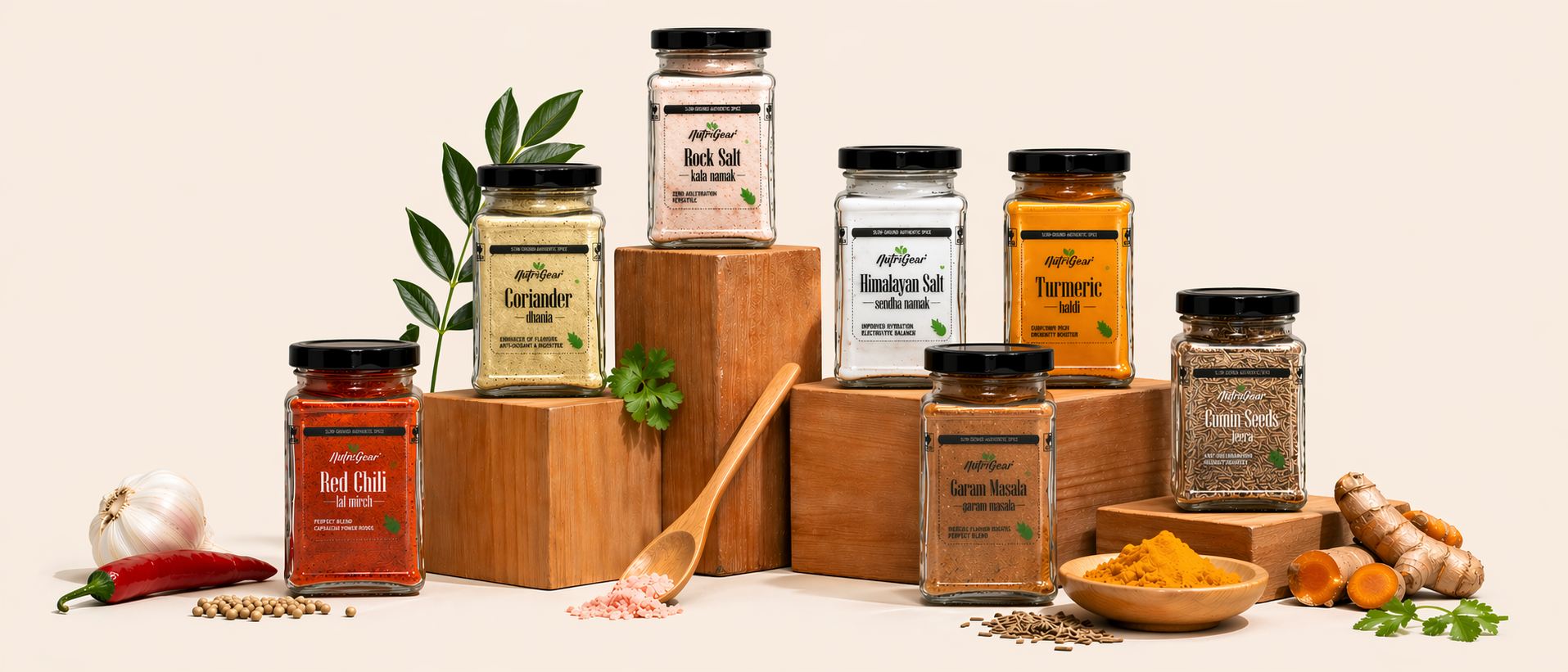 Collection of NutriGear spice jars — pure, unadulterated, lab-tested, no mix