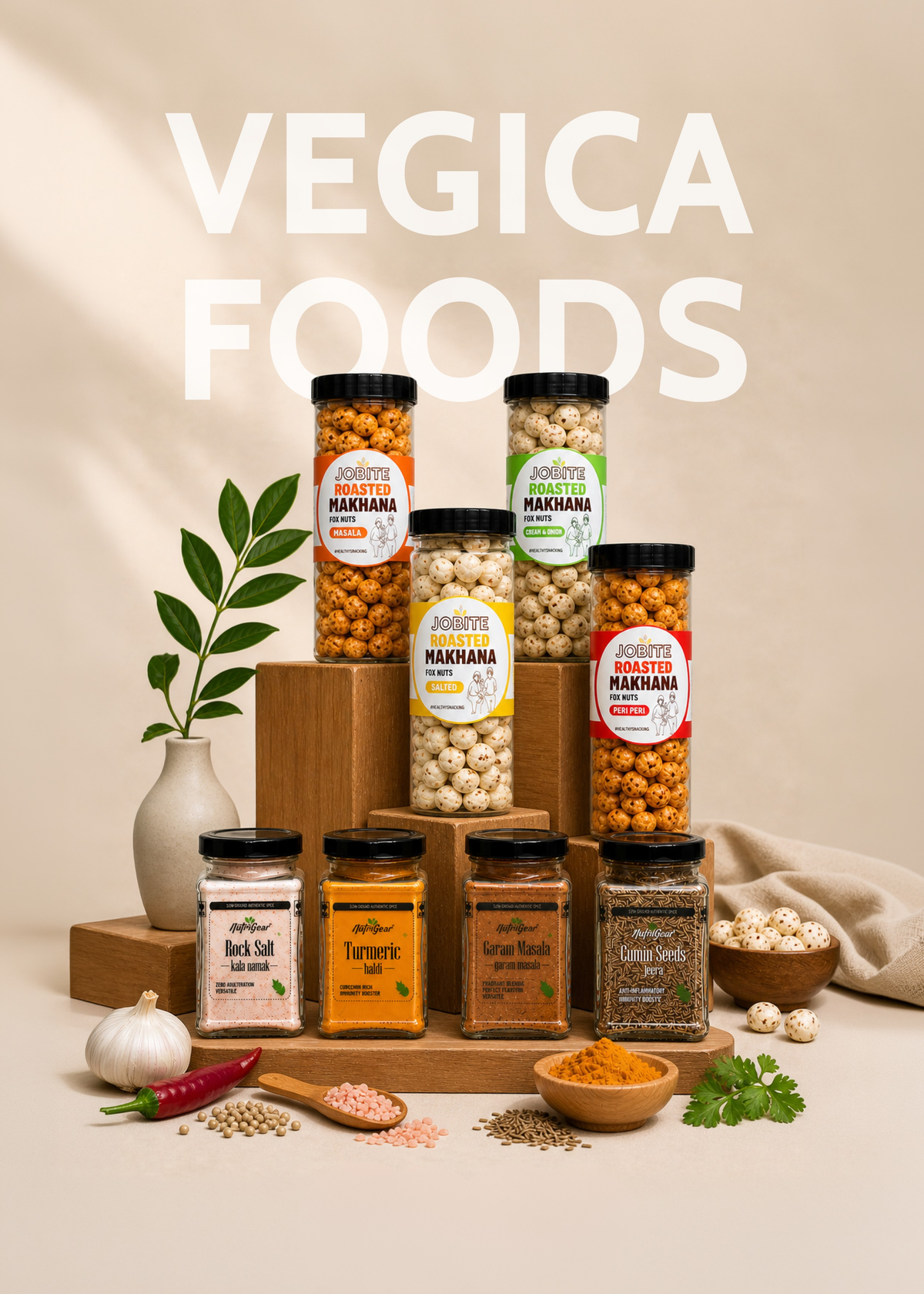 Vegica Foods spice jars and ingredients on a neutral background