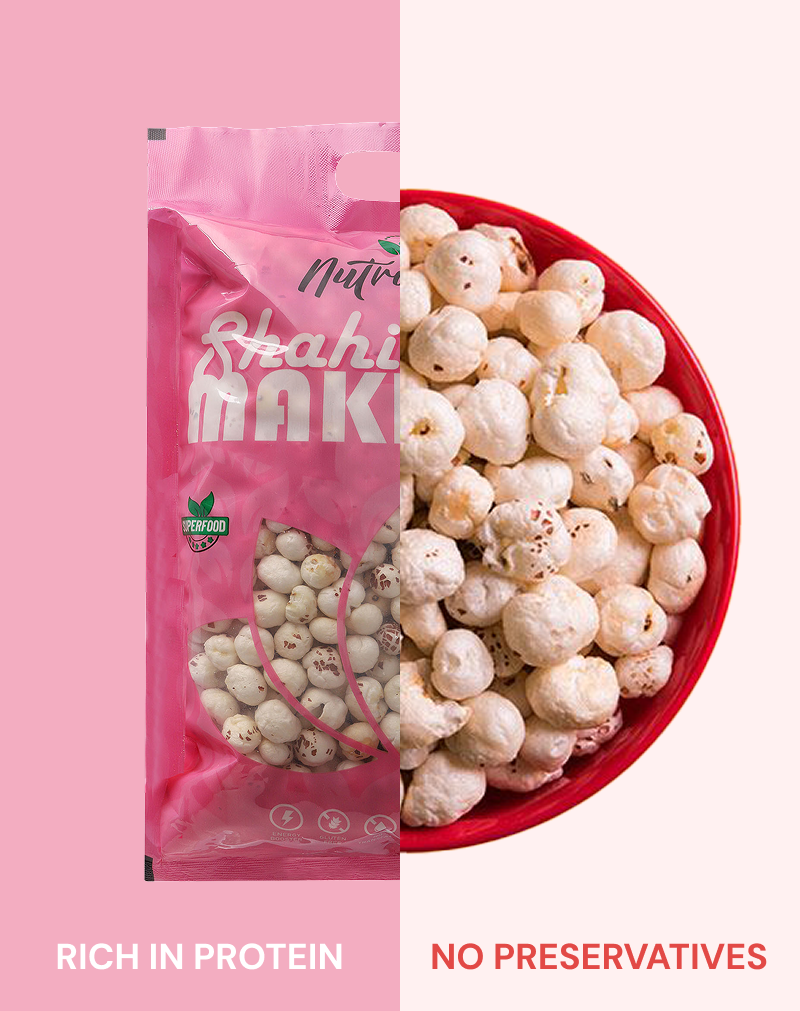 Pink packet of Nutri_Gear Makhana with a bowl of roasted makhana on a pink and white background Shahi Raw  250g pack GI-tagged Mithila foxnuts by Vegica Foods