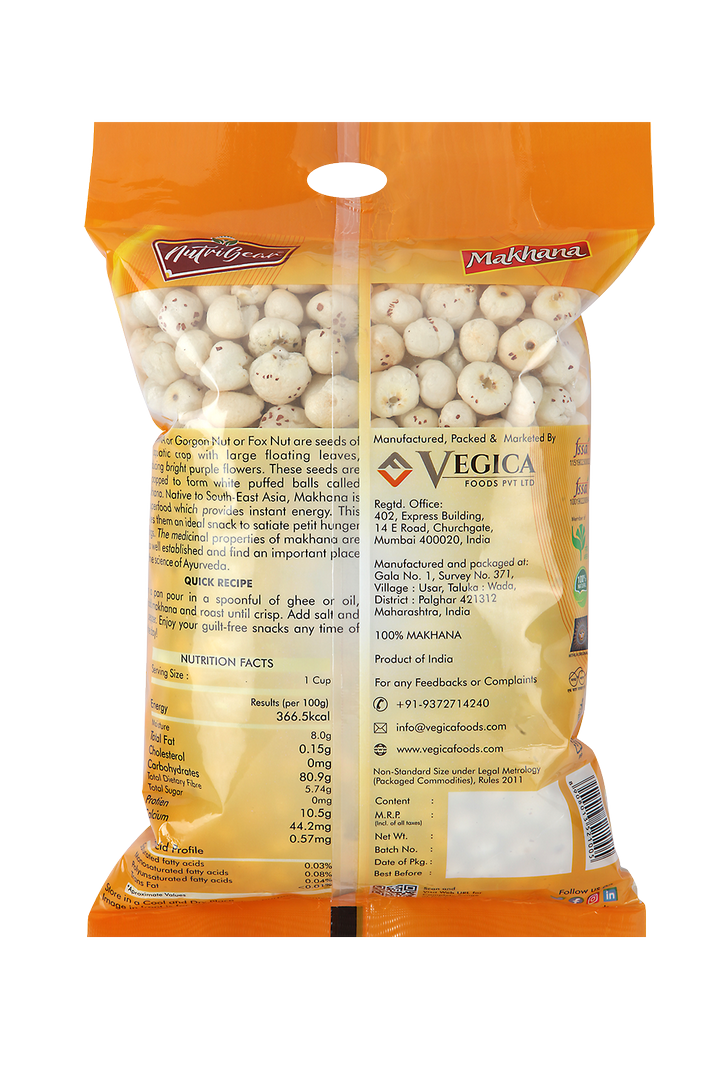 NutriGear by vegica foods orange packet makhana 4 soota plus fssai nutritional information