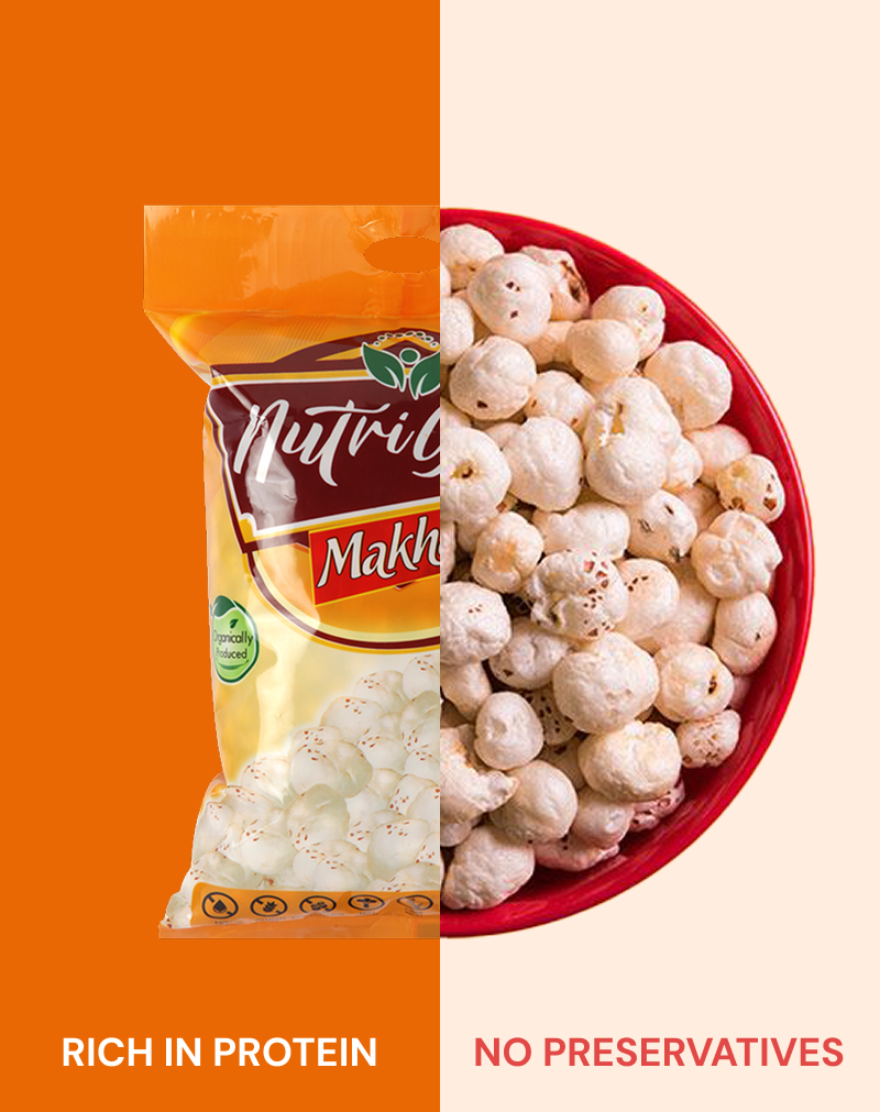NutriGear Makhana packaging with a bowl of roasted seeds on an orange and beige background. 4 plus soota