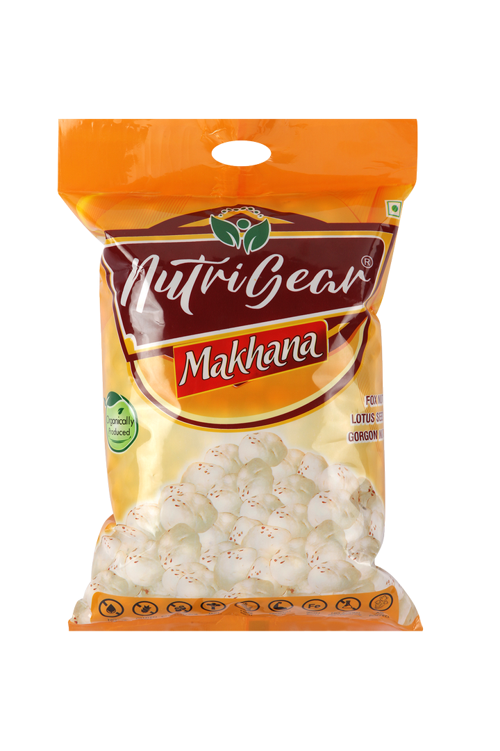 Nutrigear Orange packet with logo  makhana 250 gms foxnuts by vegica foods