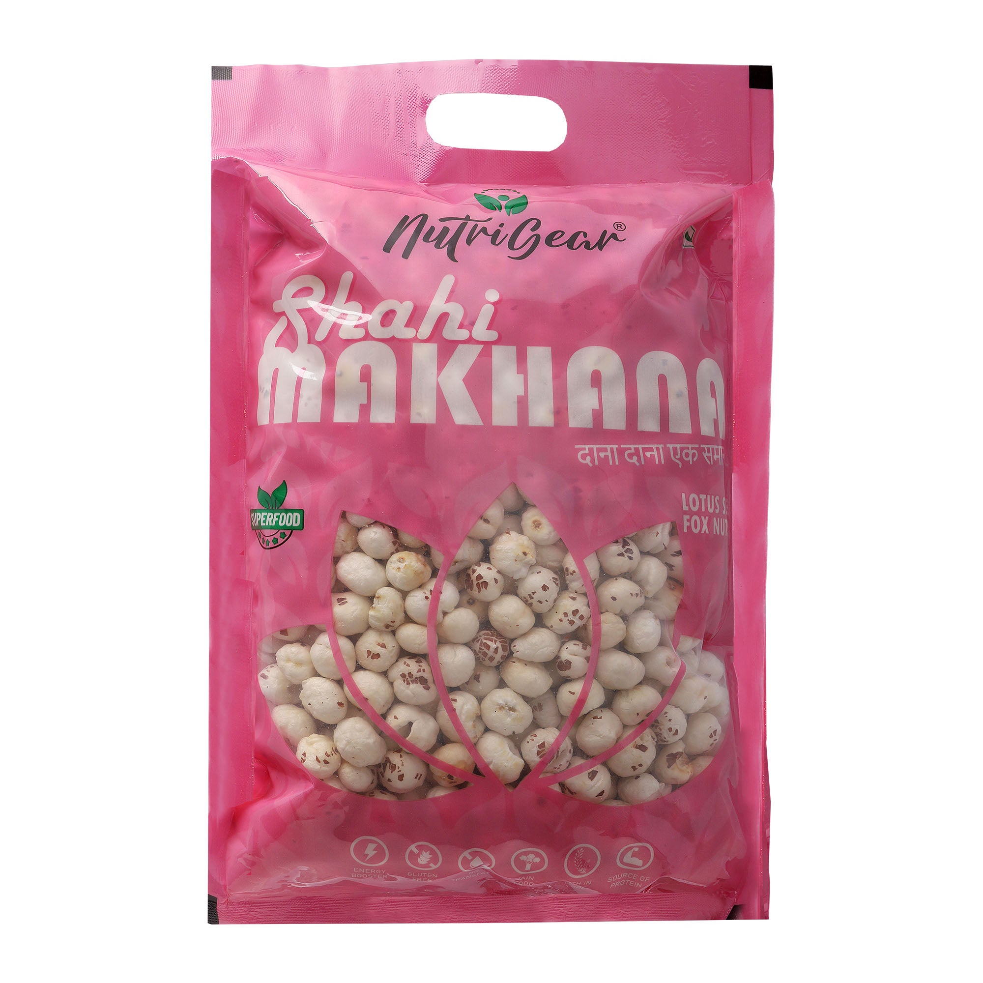 Pink packaging of Shahi Makhana with NutriGear branding on a white background 250g pack — GI-tagged  foxnuts by Vegica Foods