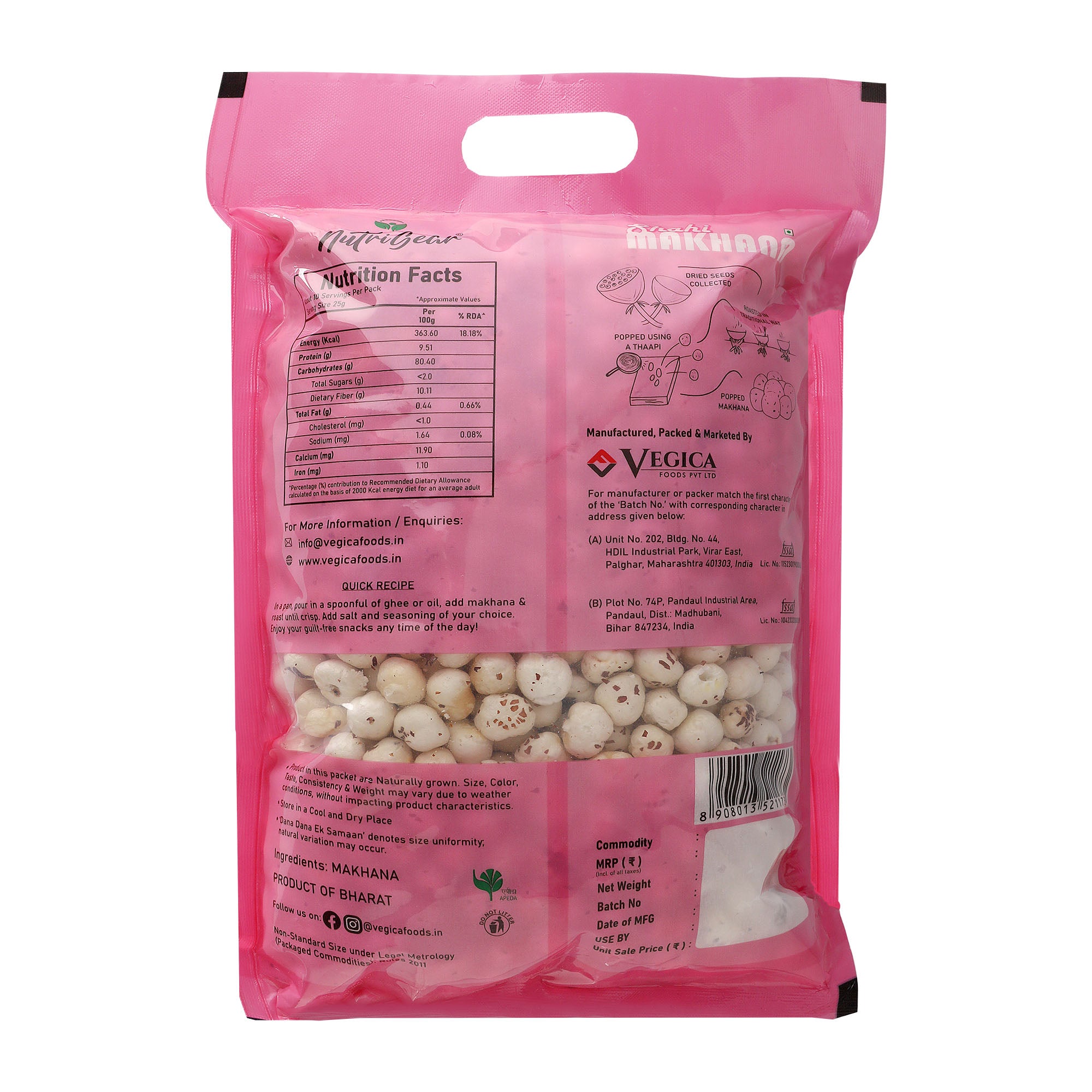 Pink packaging of a snack product with nutritional information and branding fssai makhana
